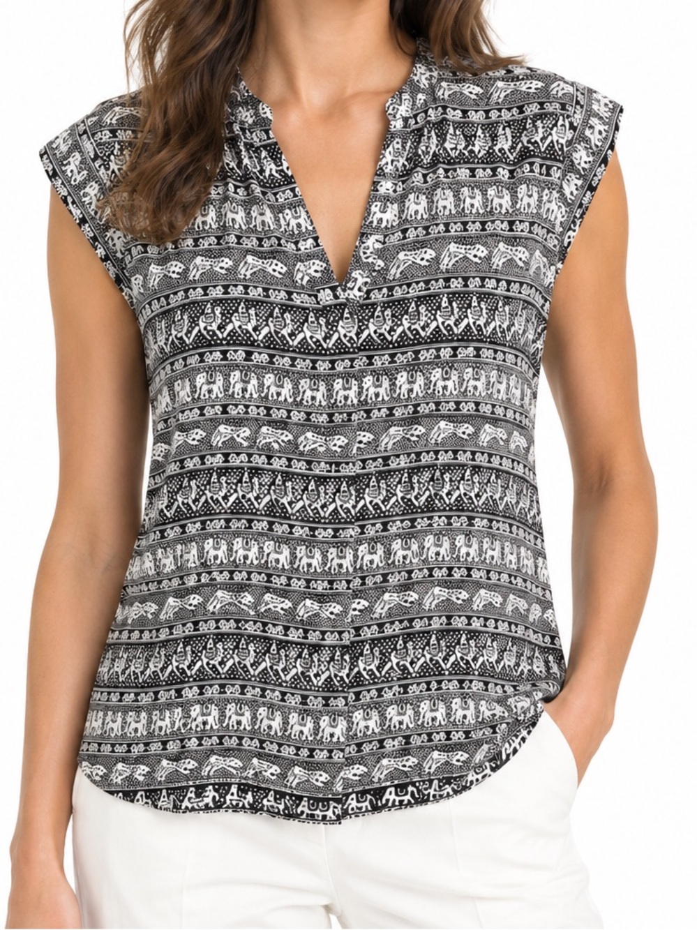 Tolani 100% silk Elephant Pattern Blouse tank black white Sz S sleeveless